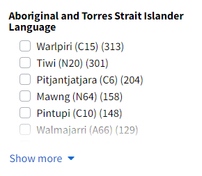 Screenshot of Aboriginal and Torres Strait Islander Language search filter