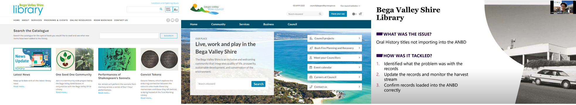 Screenshots of Bega Valley Shire council website and Take 20: Sync your library data