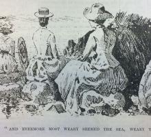 newspaper illustration of five women at the beach, wearing 19th century dresses and hats