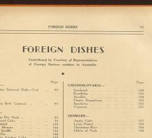 Top corner of an over book showing a contents page with the heading 'foreign dishes'