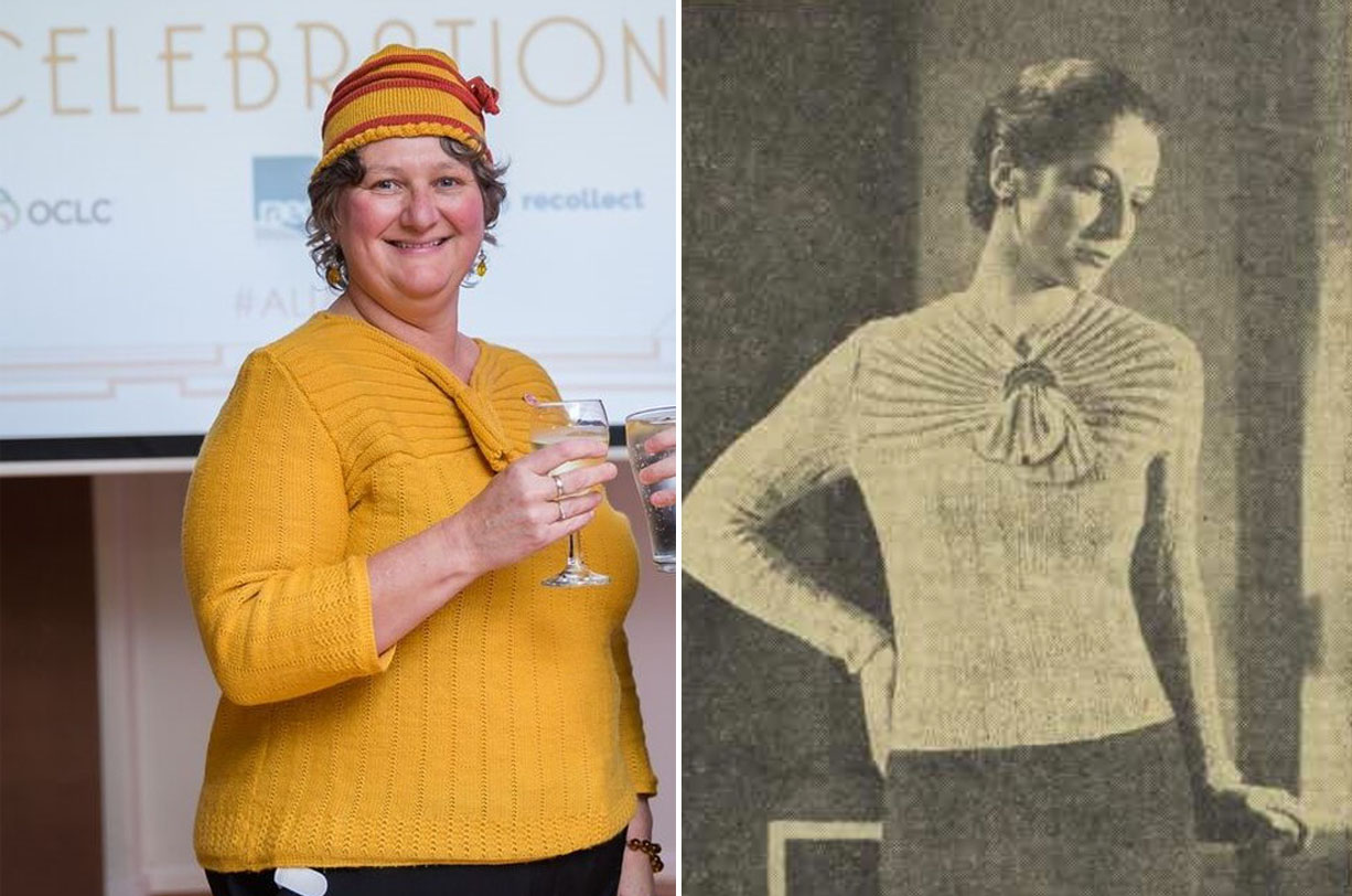 Katalin Mindum wearing the knitted jumper she made using a pattern from Trove, side-by-side with the image from the original pattern