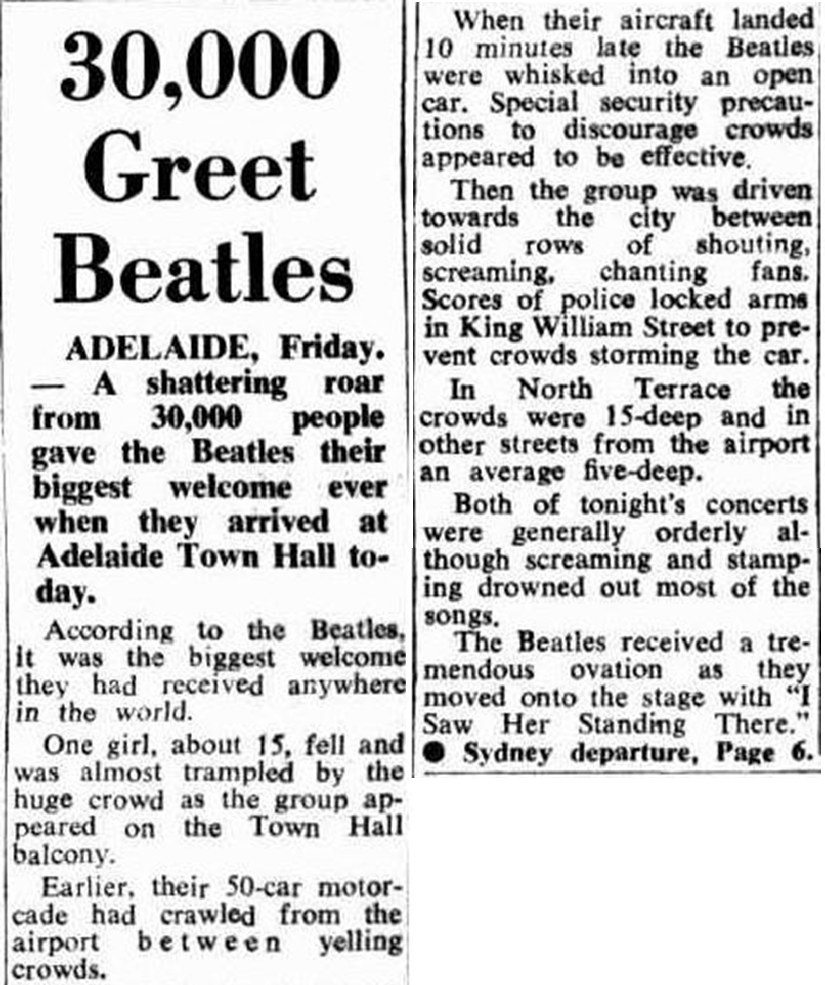 Newspaper article with the headline '30,000 Greet Beatles'