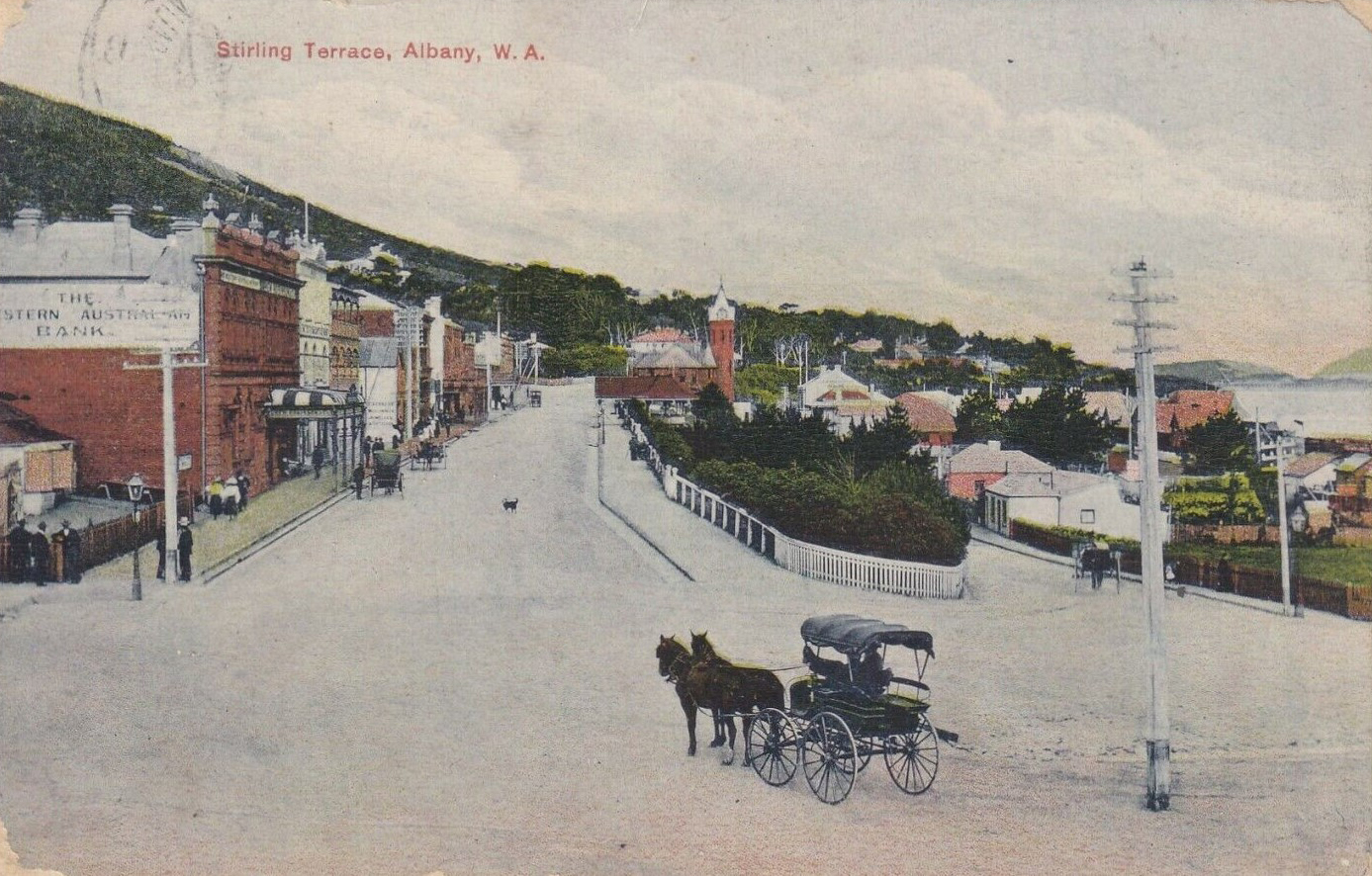 Postcard of Sterling Terrance in Albany WA from circa 1910 showing the town , with a horse and carriage in the foregound