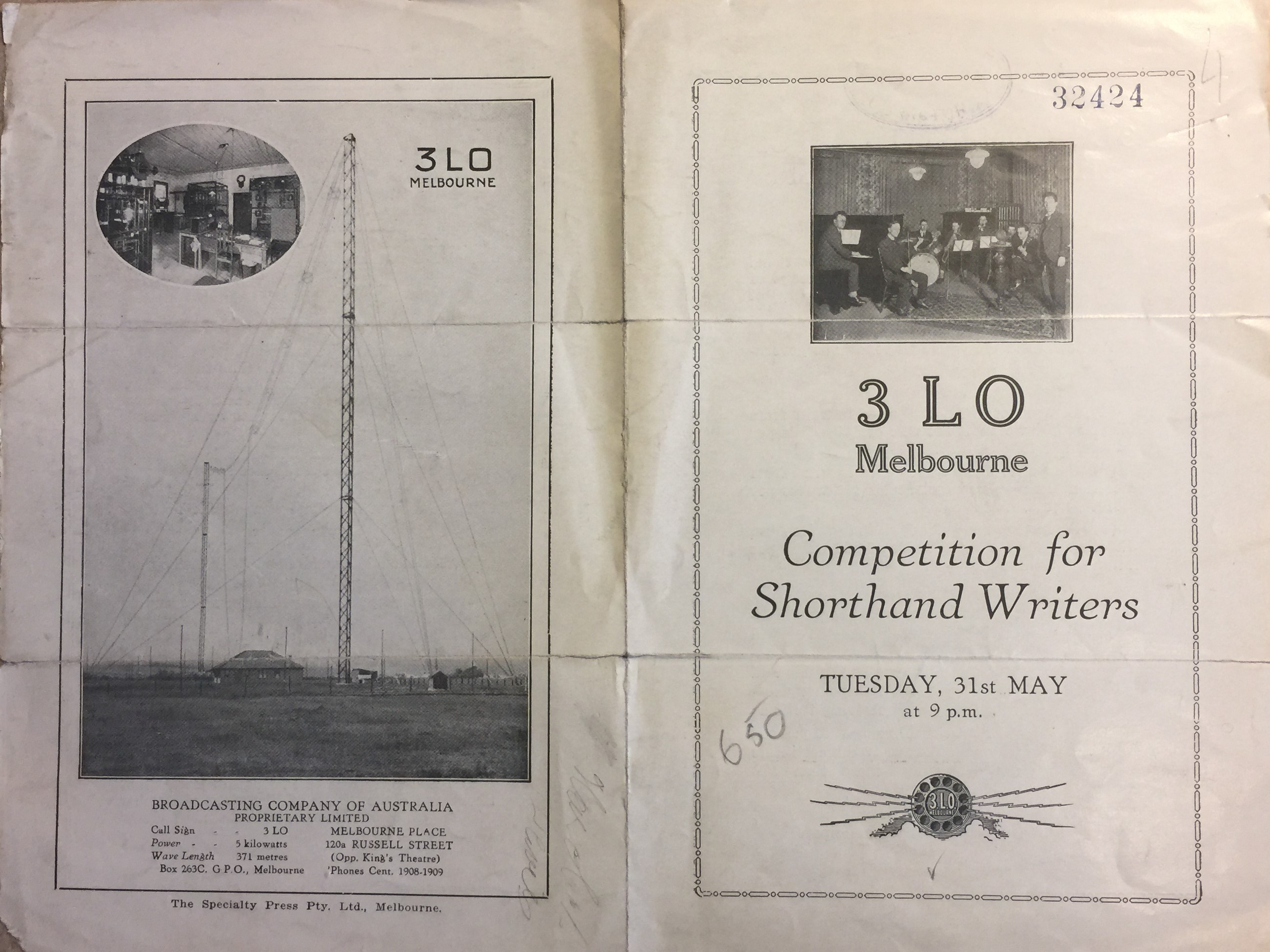 a brochure - opened flat showing the front and back pages. The front cover reads 3LO Melbourne Competition for Shorthand Writers Tuesday 31st May at 9pm. The back cover shows an image of a radio tower 