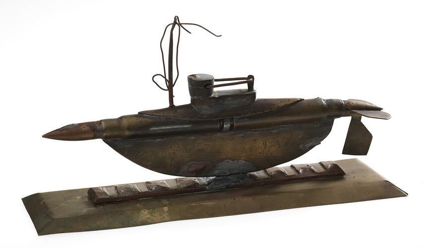 A model of a submarine made out of scrap metal. 