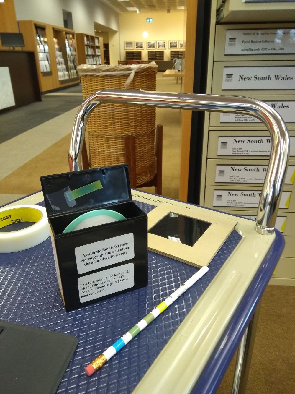 Acetate testing strips on a trolley in the reading room