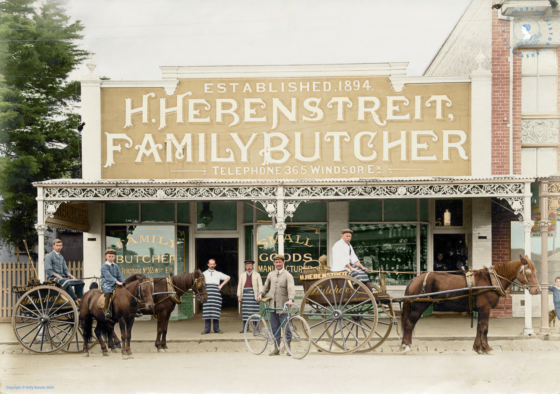6 people and two horse and carriages standing out the front of a butchershop