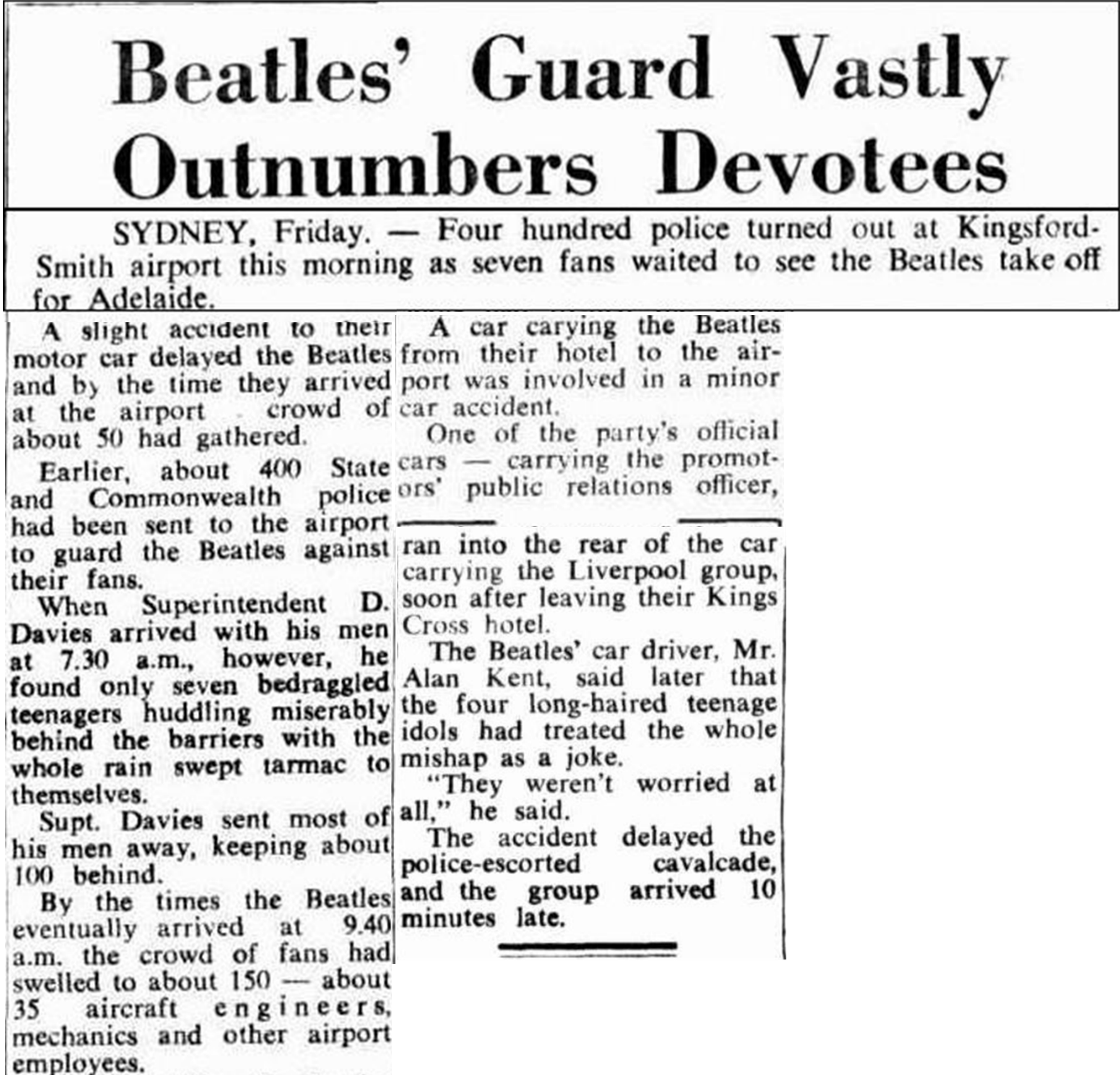 An article titled 'Beatles' guard vastly outnumbers devotees'