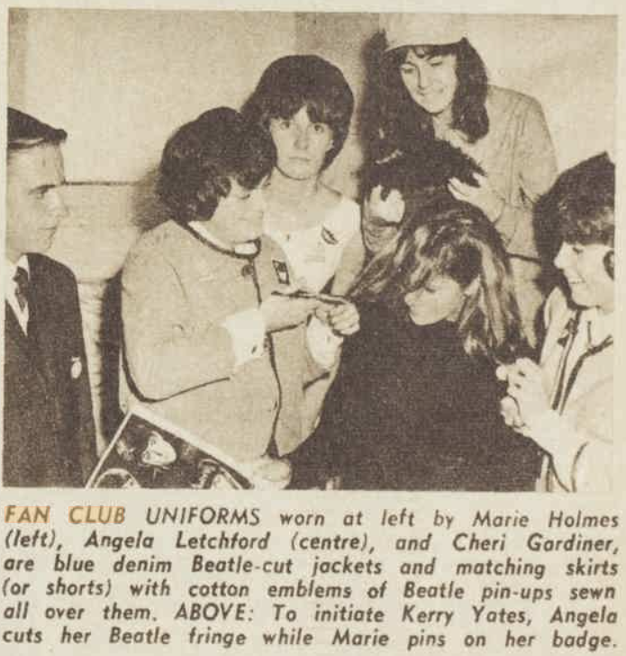 An image from a newspaper article with a group of people wearing Beatles fan club uniforms. 