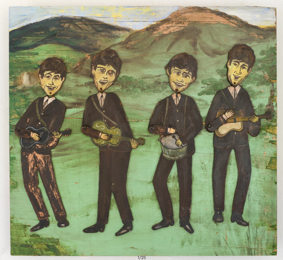Artistic creations of the Beatles all holding instruments in front of some mountains.