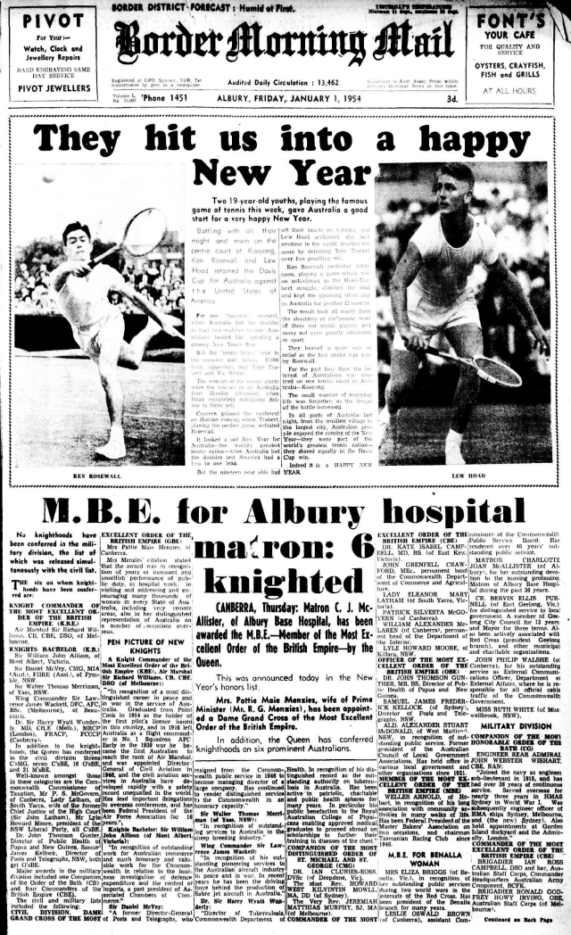 Front page of January 1, 1954 edition of the Border Morning Mail