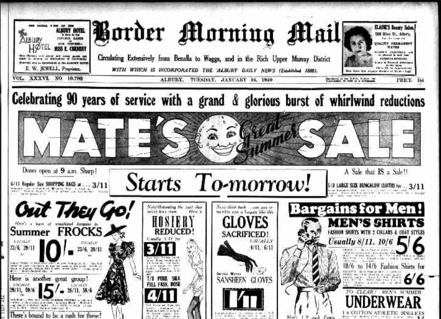 The front page of a 1940 Border Morning Mail newspaper
