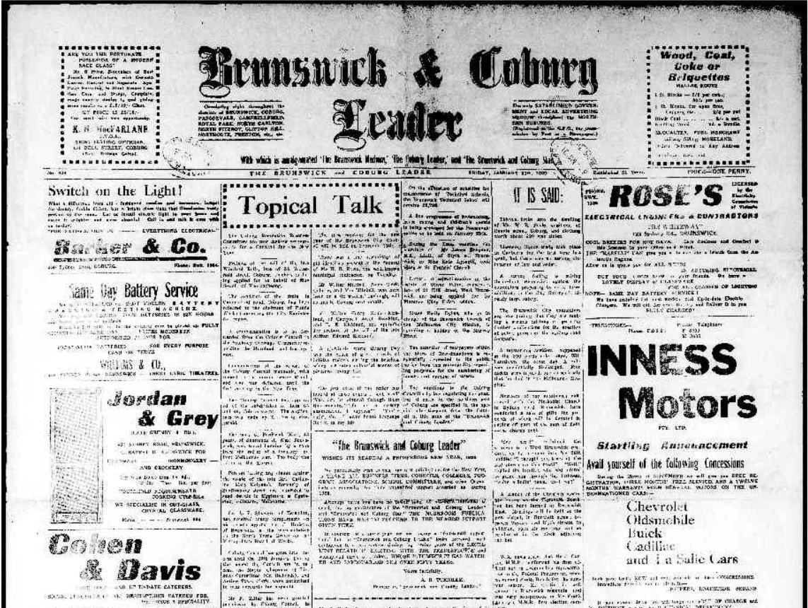 A newspaper front page with the heading Brunswick and Coburg Leader