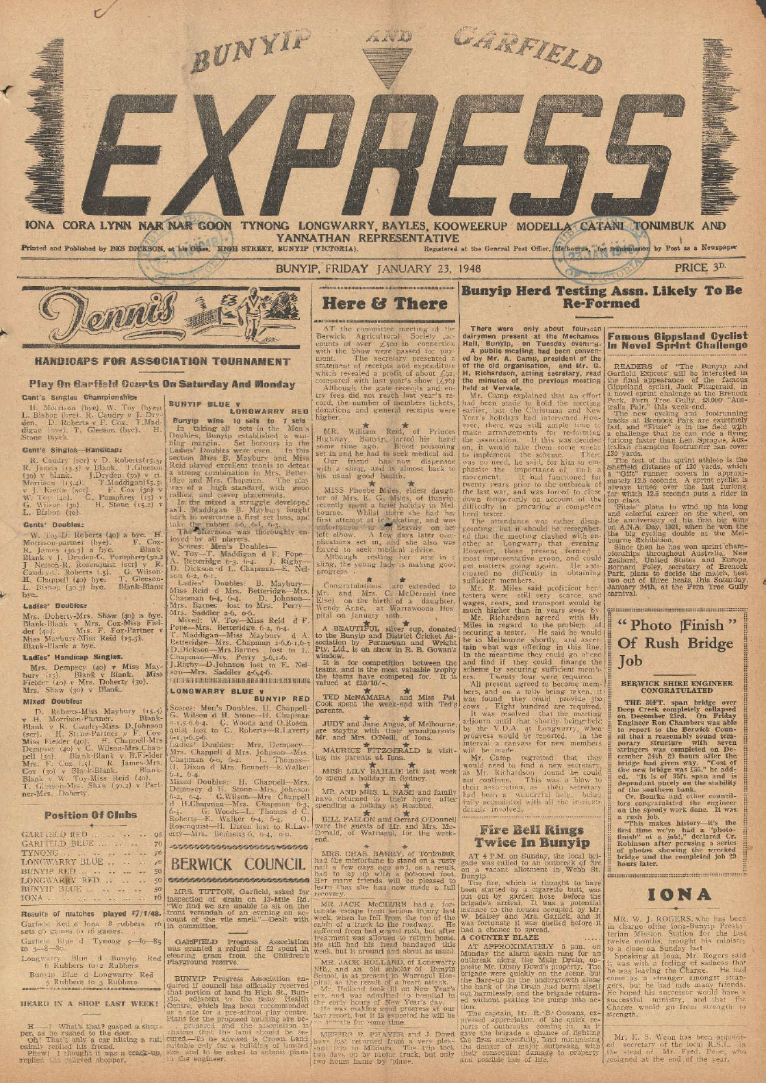 Front page of the January 23rd, 1948, edition of the Bunyip and Garfield express: Nar-Nar-Goon, Tynong, Pakenham and Bunyip South Representative
