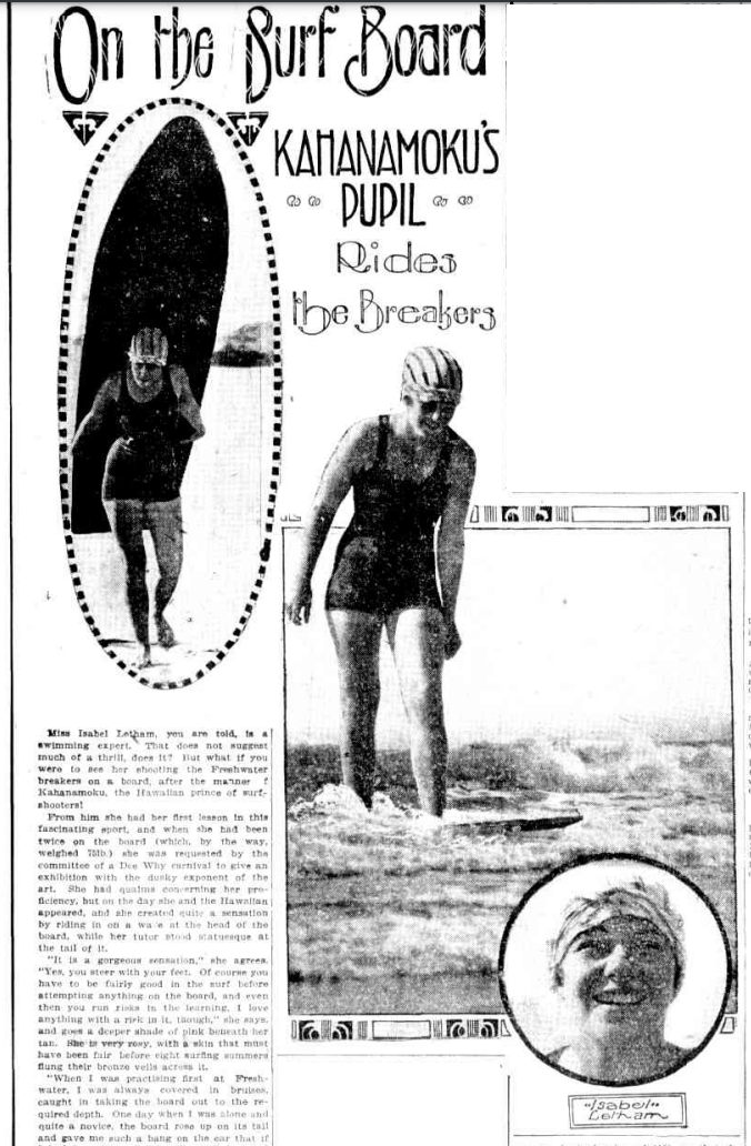 New article on Isabel Letham from 1917. Showing photos of her with a surfboard, on a surfboard and her face. 