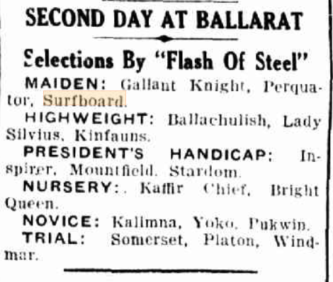 A news article showing that Surboard was under the Maiden race on the second day of the Ballarat race 