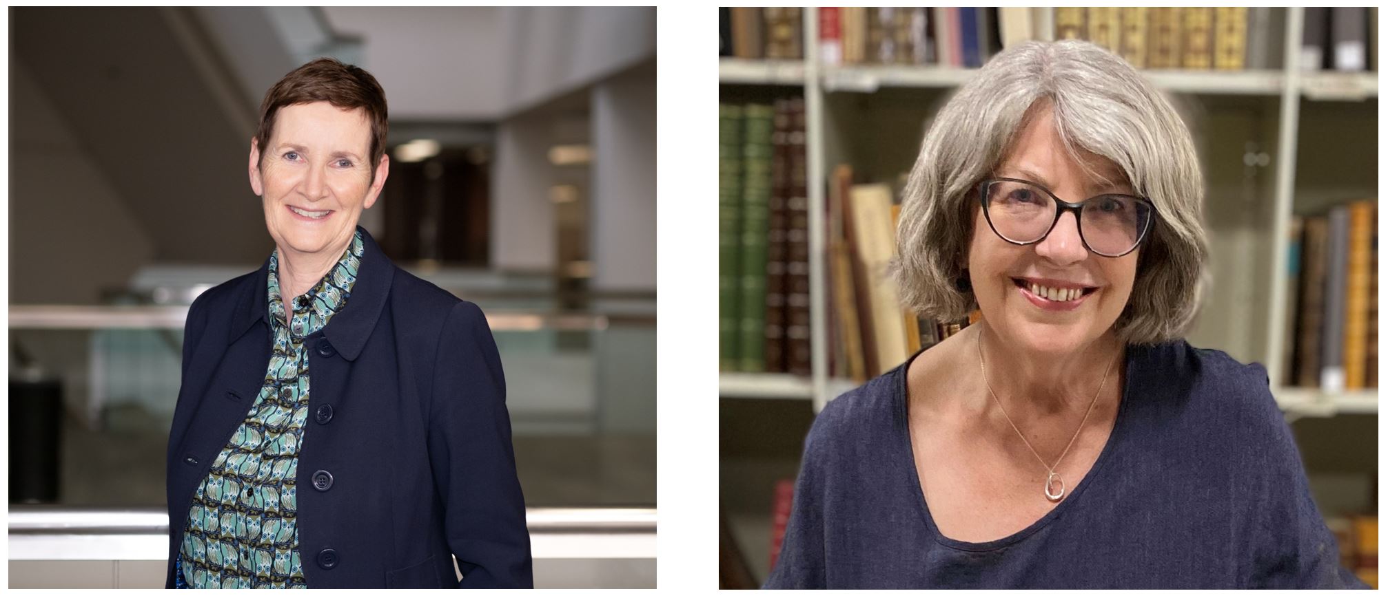 Two images, on the left a woman in a blue shirt and navy jacket smiling at the camera, on the right, a woman in a purple shift smiling at the camera