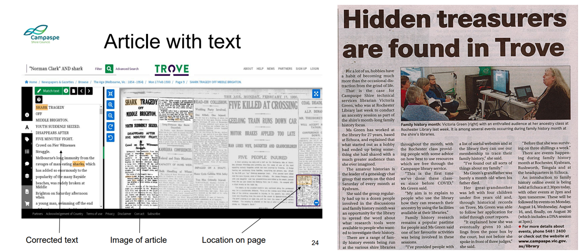 A page from Campaspe Libraries Trove Presentation PowerPoint and article from the Campaspe News