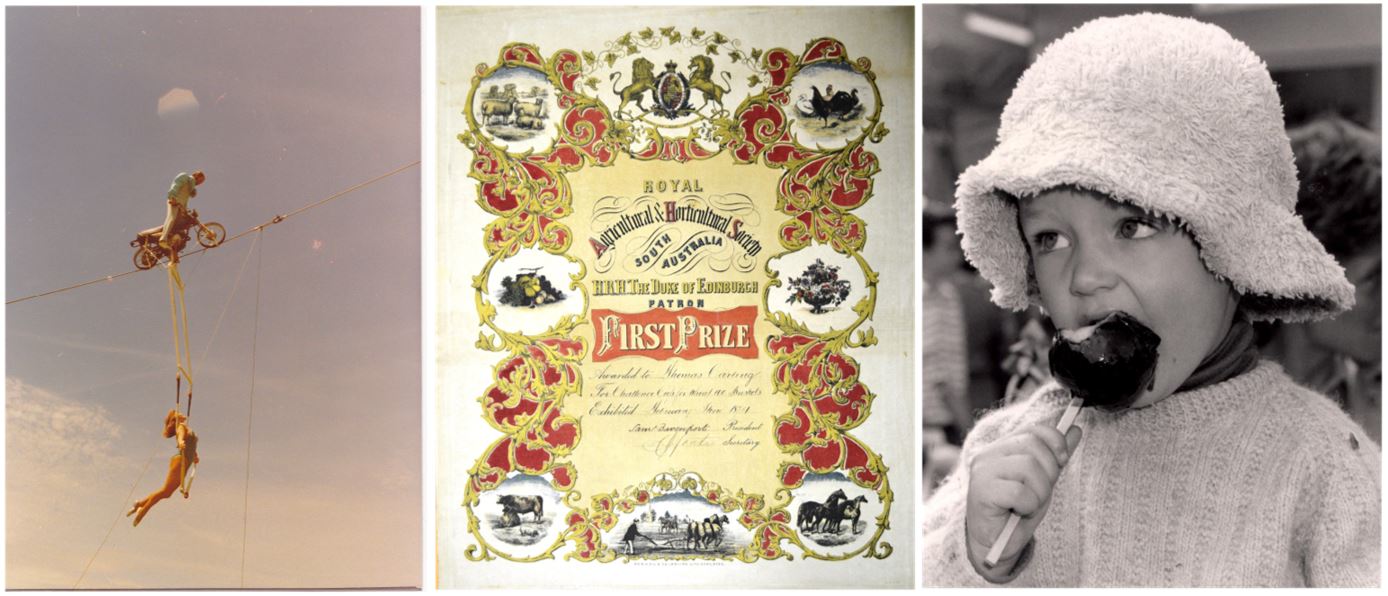 First image: 2 circus performers, one danging from a rope underneath the other riding a bike on a tightrope. Second image: A first prize certificate. Third image: A young girl eating a toffee apple.