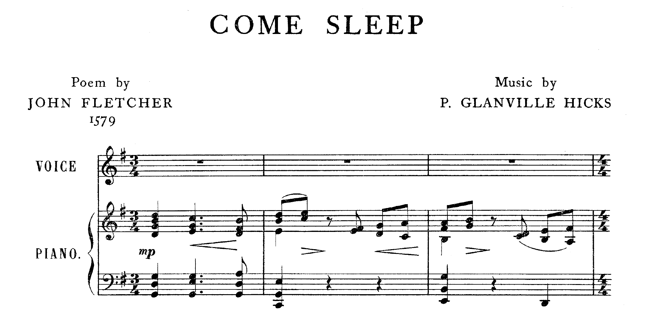 Sheet music sample for Come Sleep by John Fletcher and P Glanville