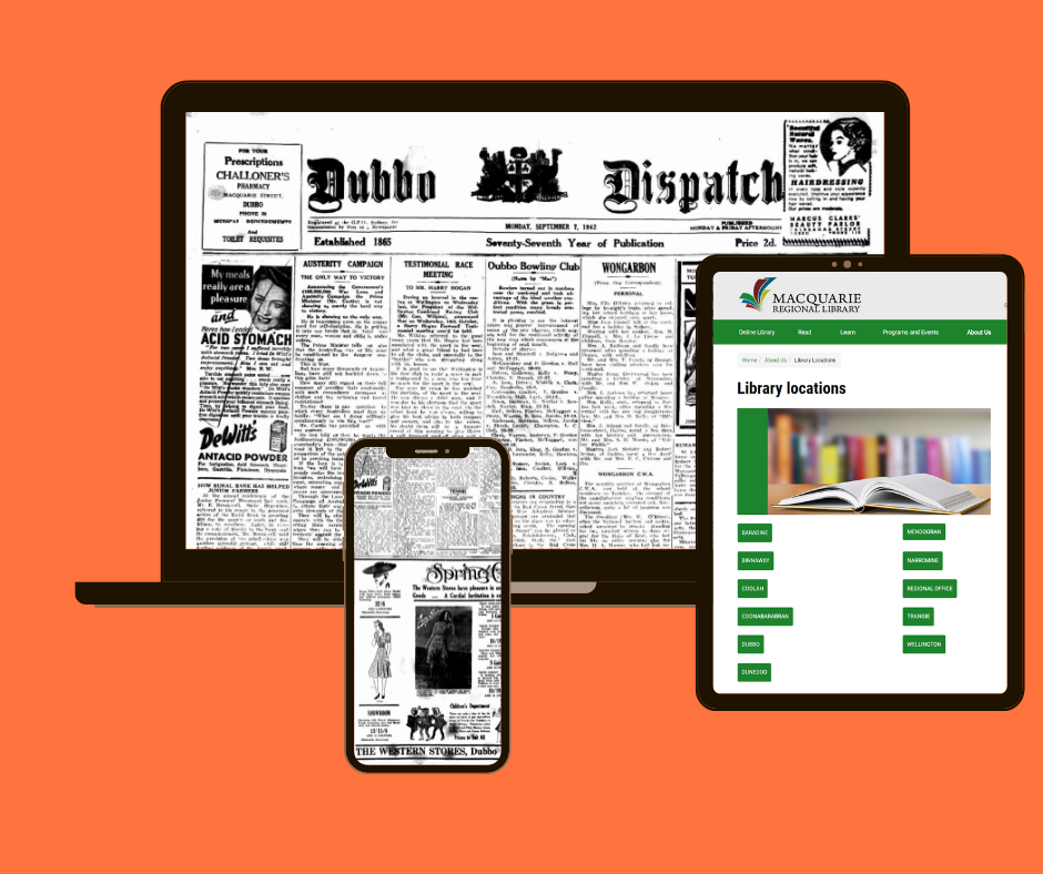 Photo of Macquarie Regional Library website and two images from 1942 editions of the Dubbo dispatch