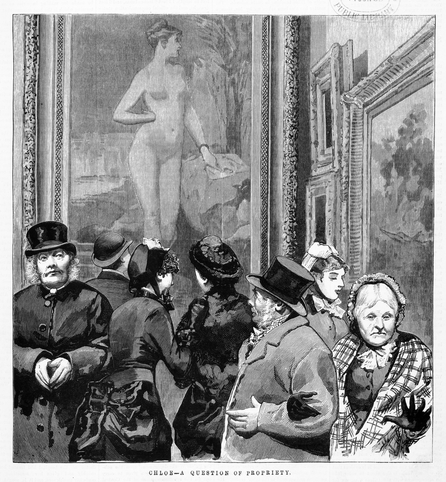 Etching of gallery visitors with the painting of Chloe behind them