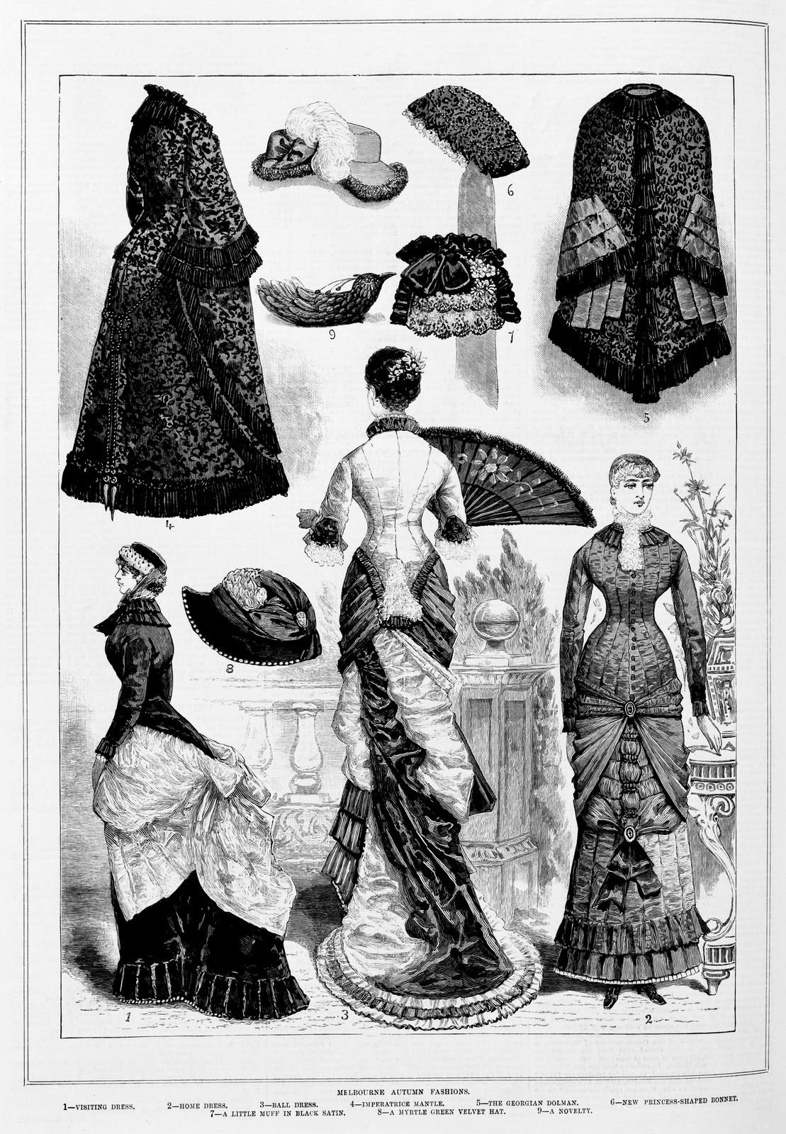 Illustration of various fashion designs including bustle style dresses and hats