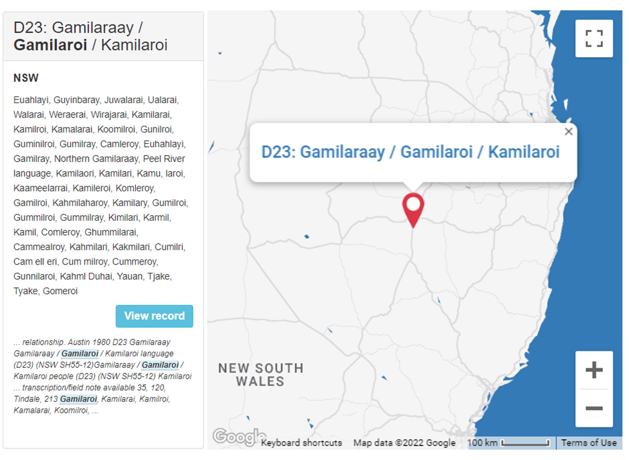 Screenshot of the Gamilaroi D23 record with many spellings in the Austlang database owned by AIATSIS - on their website