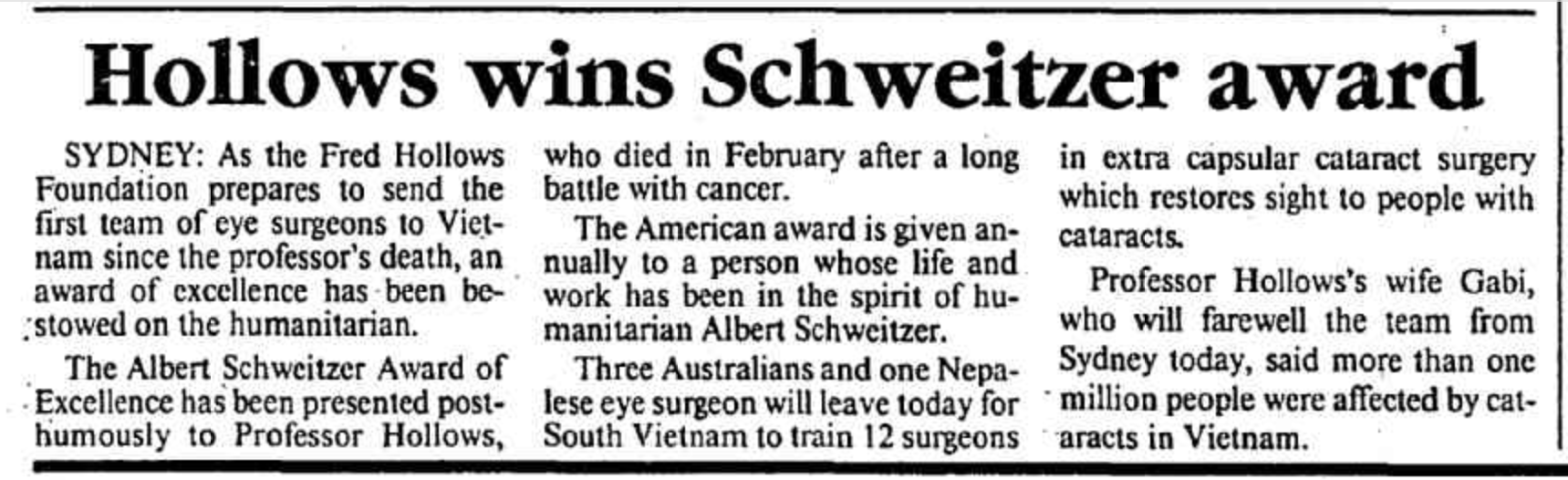 Article from 1993 which mentions Fred Hollows has won the Schweitzer award