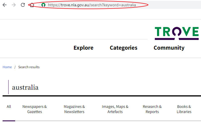 Screenshot of Trove search by URL