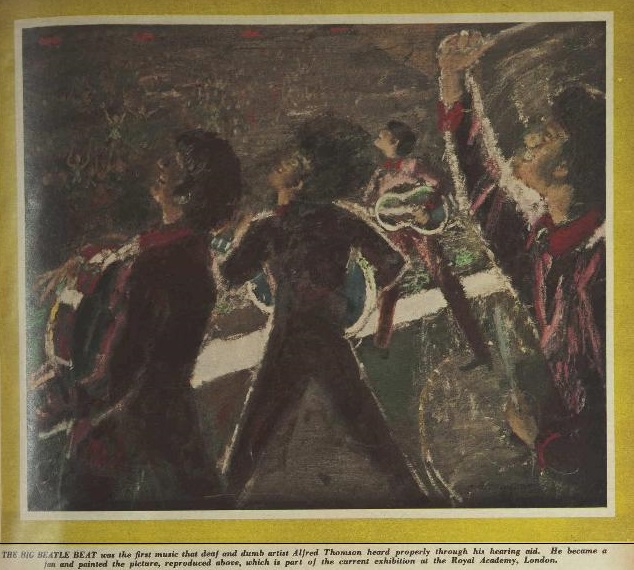 A painting of the Beatles on stage playing in front of a crowd