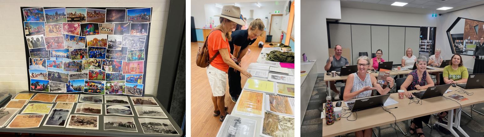 Three images, on the right a collection of images on display, in the middle two people looking over a collection of historical items, on the right, a group photo of participants of a workshop.