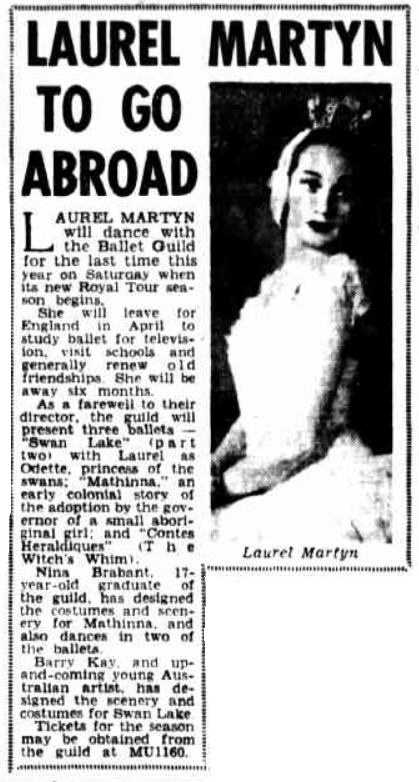 An article titled 'Laurel Martyn to go aboard' to the left is a image of Laurel Martyn in black in white in full ballet costume