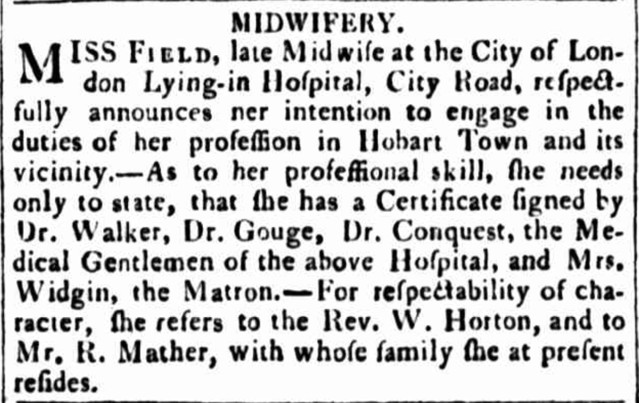 Advertisement from 1822 for a midwife who had just arrived from London.
