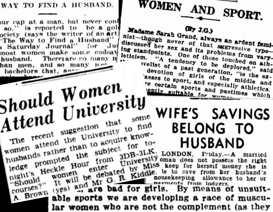 Clippings from historical newspapers discussing women's rights