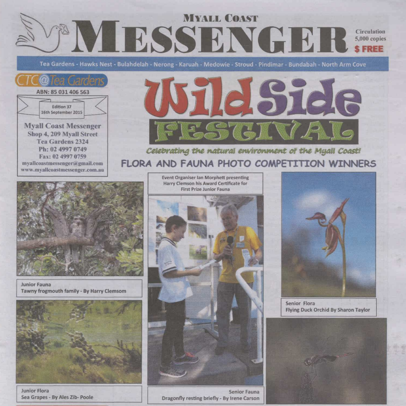 Showing photos of a Tawny frogmouth family, sea grapes, Flying duck orchid and dragonfly featured in the Wildside Festival