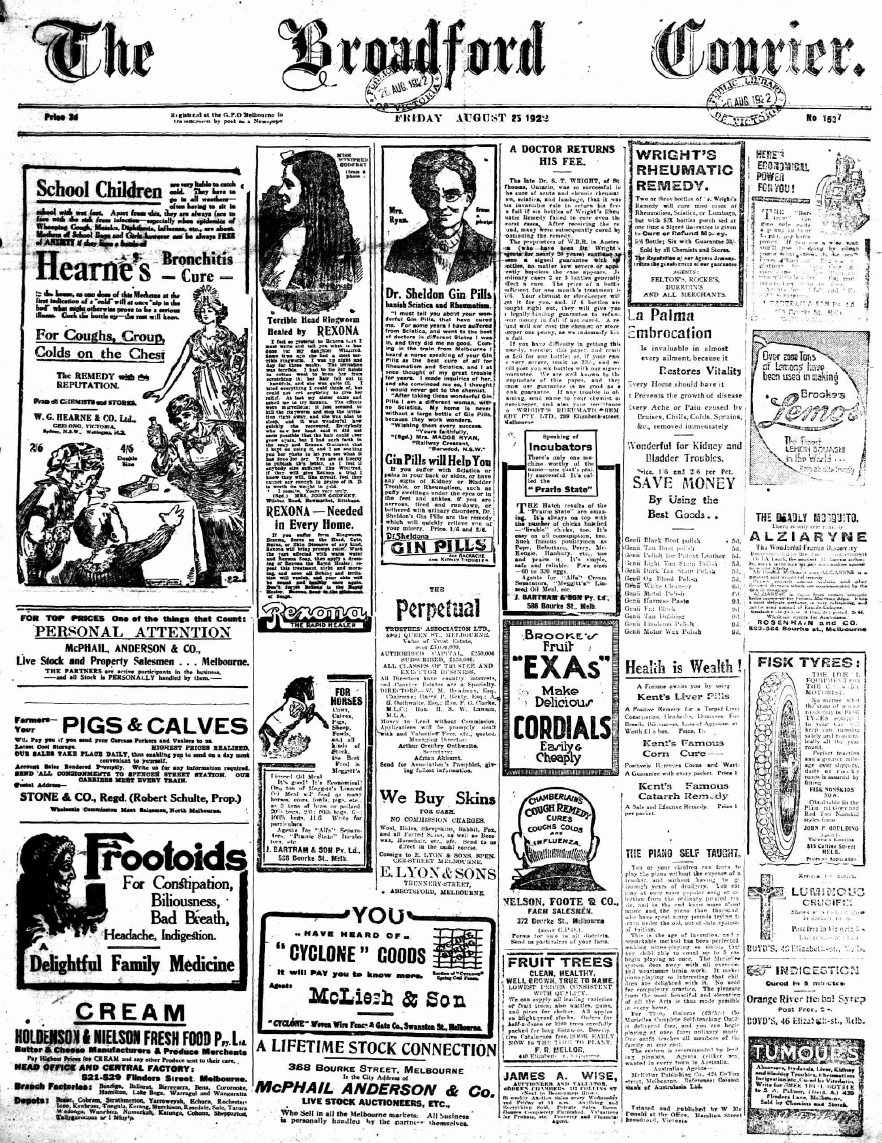 Front page of the The Broadford Courier on the 25th August, 1922