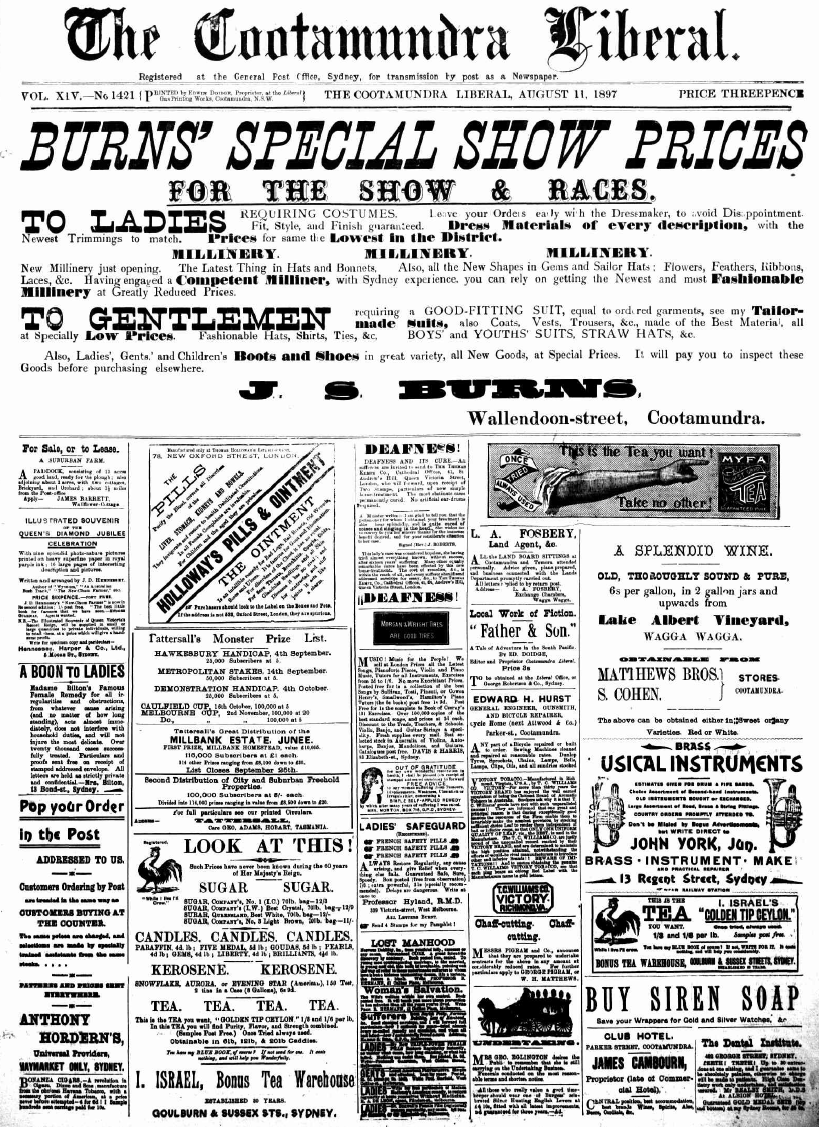 Front page of The Cootamundra Liberal on 11th August, 1897