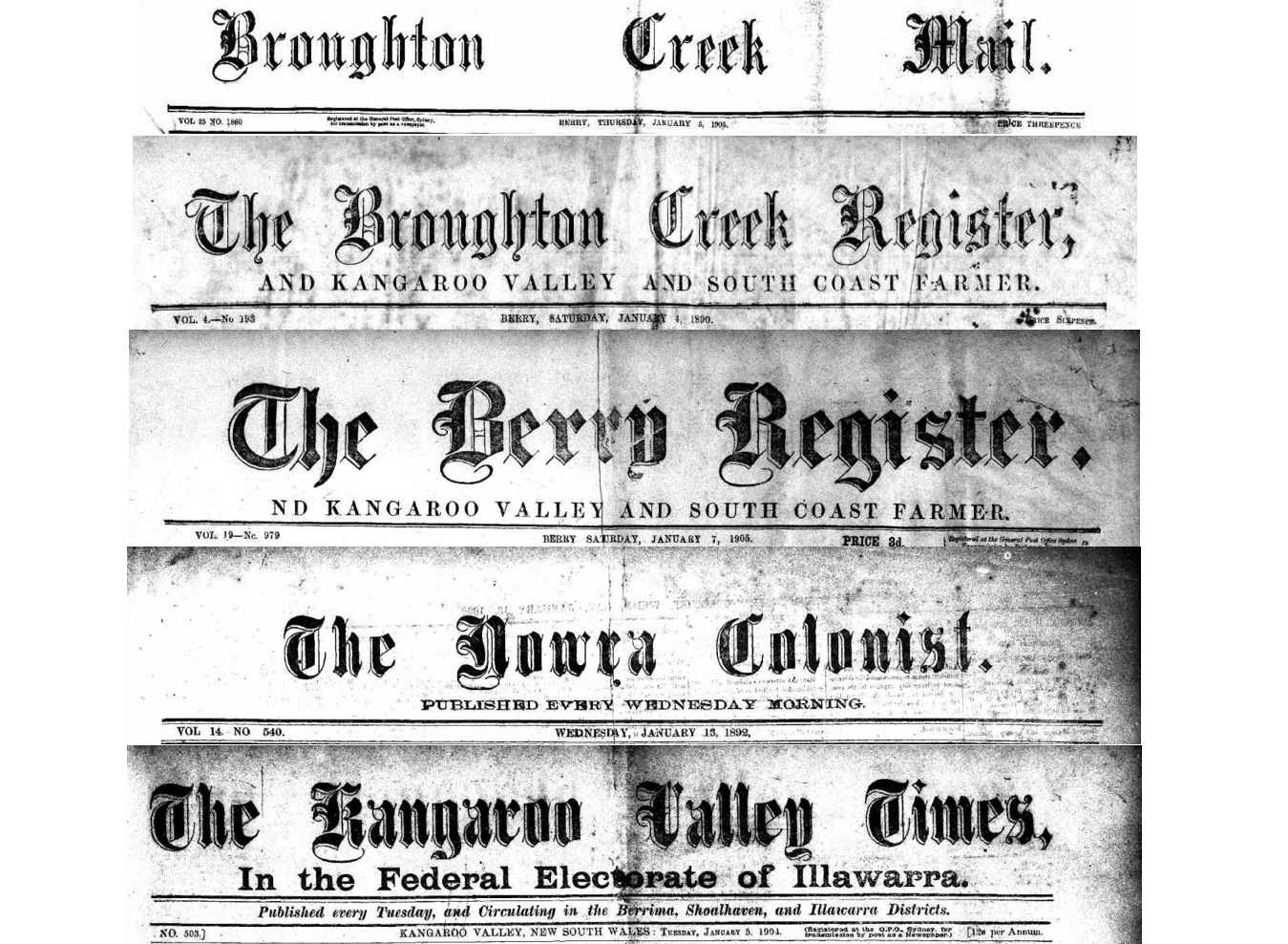 Five different newspaper mastheads. 