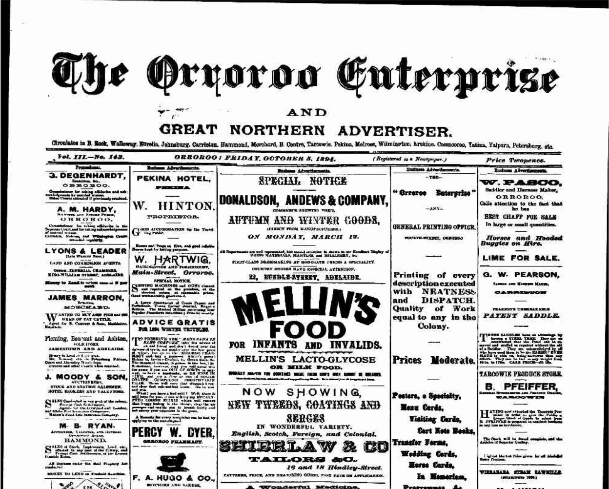 A newspaper cover page with the title The Orroroo Enterprise and Great Northern Advertiser