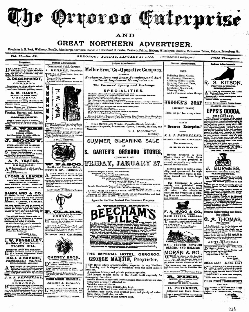 Front page of the Orroroo Enterprise and Great Northern Advertiser - 27 January 1893