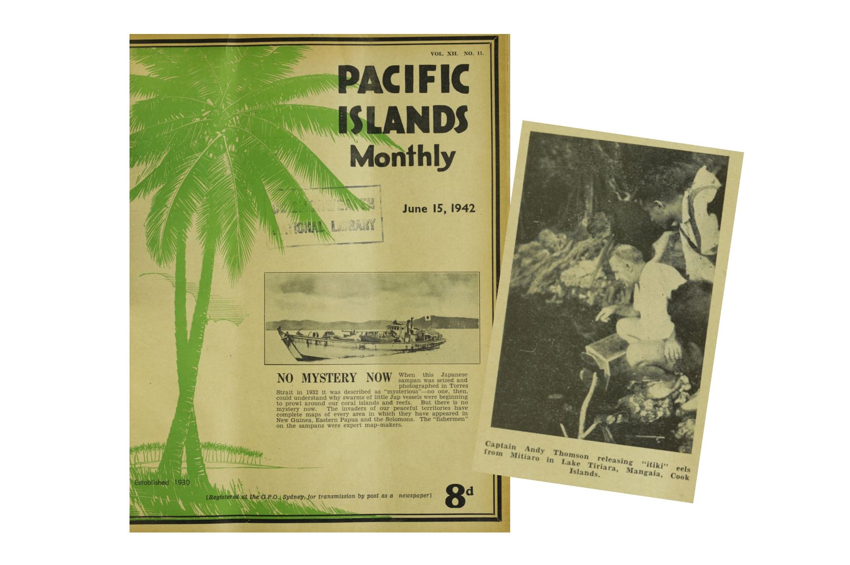 Cover of the Pacific Islands Monthly magazines June 15, 1942 and a photograph printed inside of Captain Andy Thomson