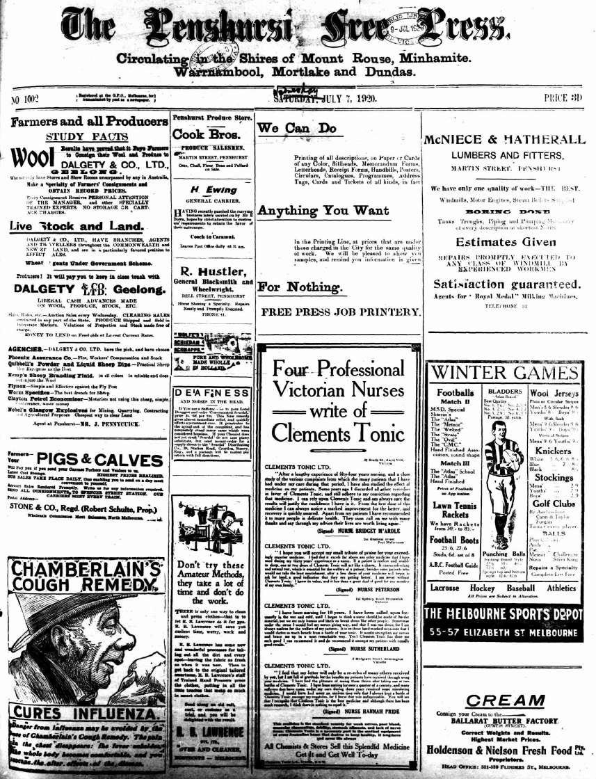 Front page of the Penshurst Free Press on the 7th July, 1920