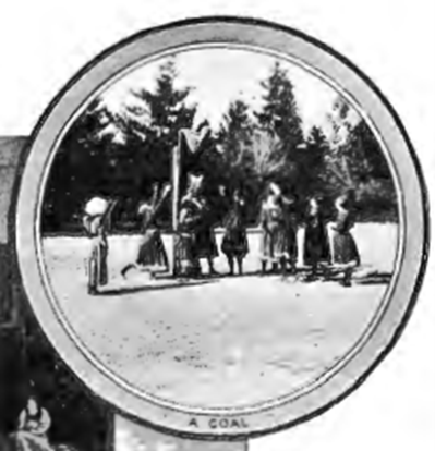 A black and white photo of a group of school girls  participating in basketball (netball) at Loreto College, Mary’s Mount, Ballarat, Victoria, 1901. The photo is in a circle with a goal written on it.