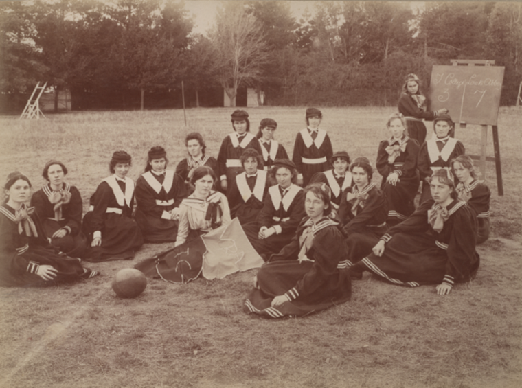 Depicted are the two teams of nine students who participated in a basketball (netball) game at Loreto College, Mary’s Mount, Ballarat, Victoria, March 15, 1901