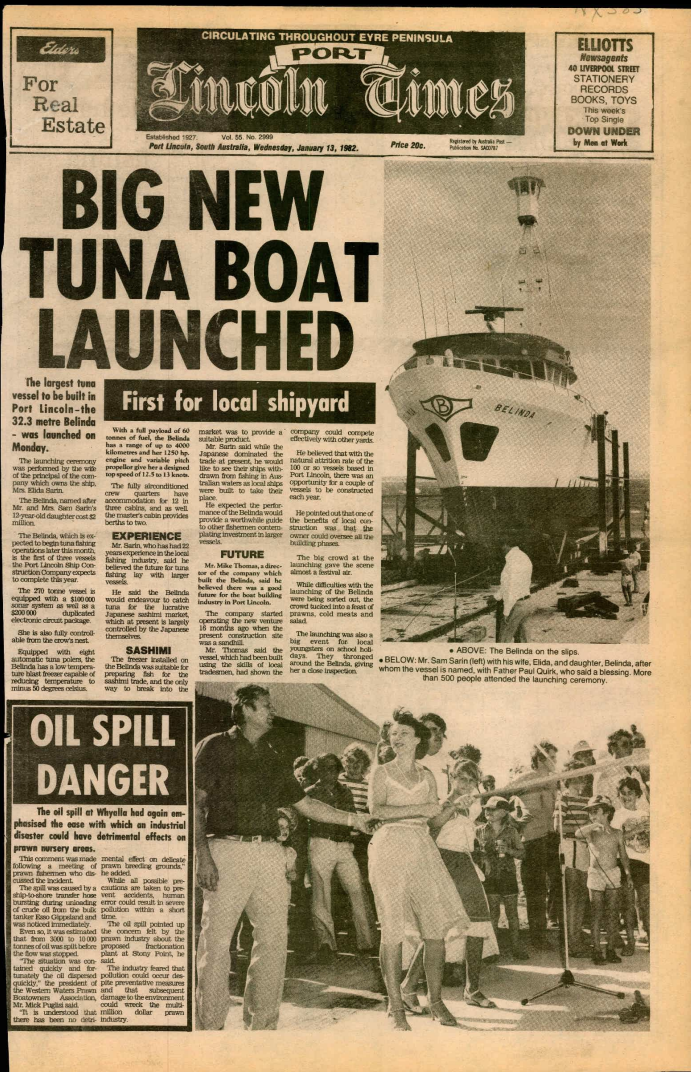 Front page. Port Lincoln Times (SA), 1982, p. 1, nla.gov.au/newspaper/page/31526712