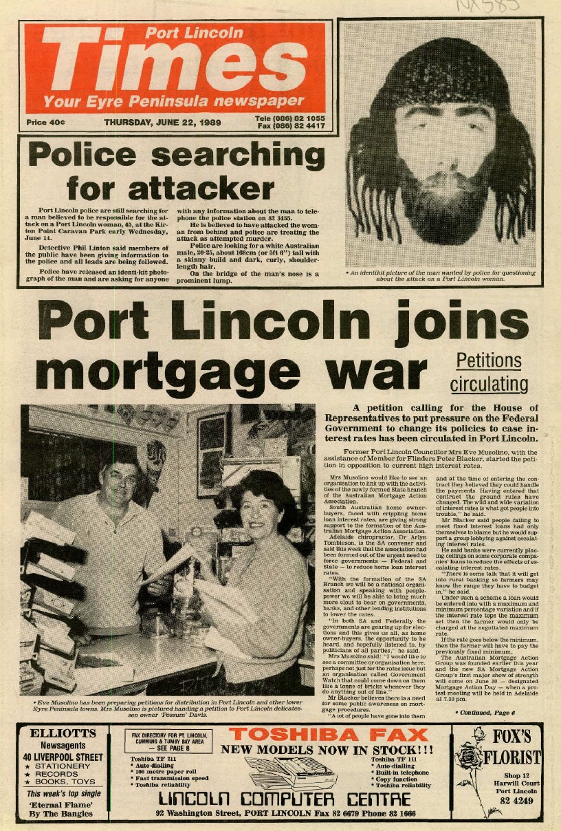 Front page of the Port Lincoln Times on Thursday 22 June 1989