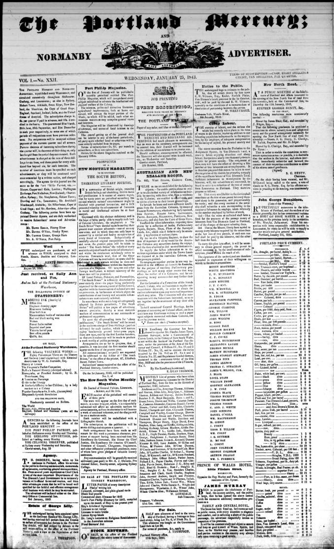 The front page of the Portland Mercury and Normanby Advertiser - 25 January 1843