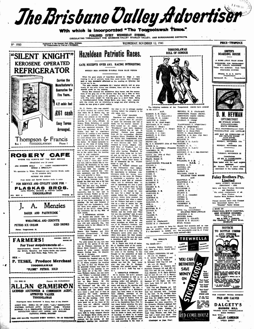 Front page of the The Brisbane Valley Advertiser for Wednesday 12 November, 1941 