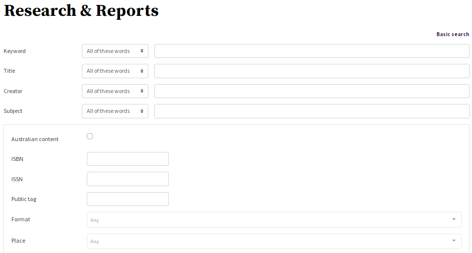 Screenshot of research and reports advanced search